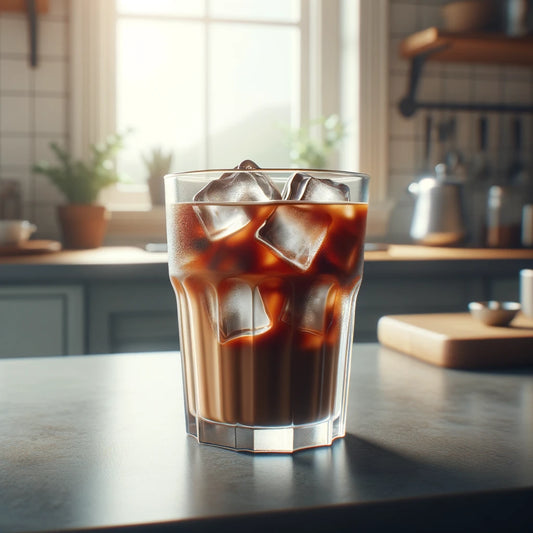 A clear glass filled with iced coffee, featuring visible ice cubes, set on a kitchen counter.