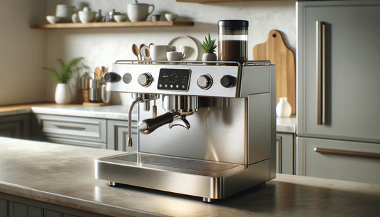 A modern espresso machine placed on a kitchen counter