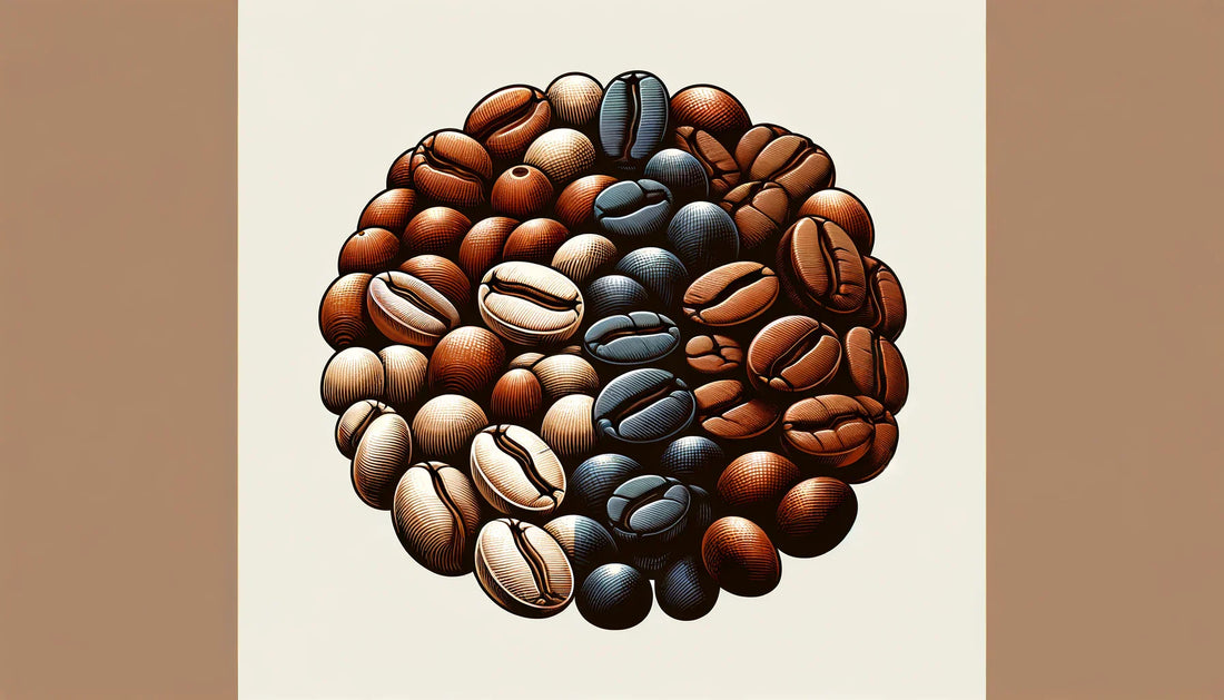 An image of coffee beans placed next to each other, each with a different roast level. The beans range from light roast to dark roast.