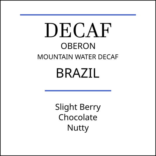 Product details for our Brazilian Decaf Coffee: notes of berry, chocolate, hazelnut. Medium roasted.