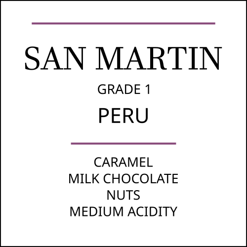 Peru San Martin Coffee label with flavour description on a white background