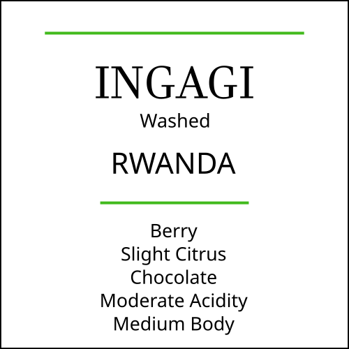 Coffee label for INGAGI Washed Rwanda with flavor notes on a white background
